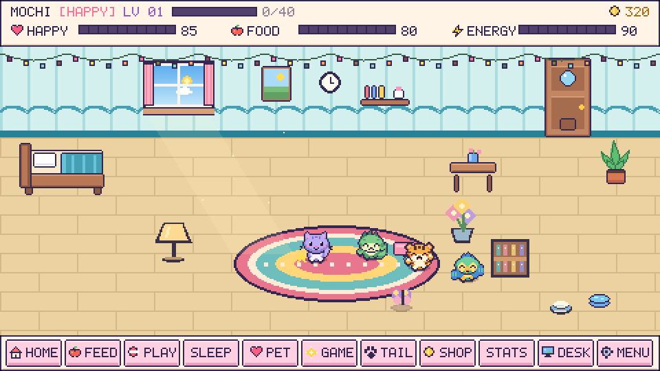 Actual Plus room with pet family, a bed, colorful foods and movable decorations