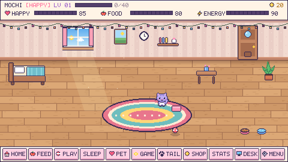 Actual My Little Pet game: a lilac cat greets Rose in a furnished pixel room